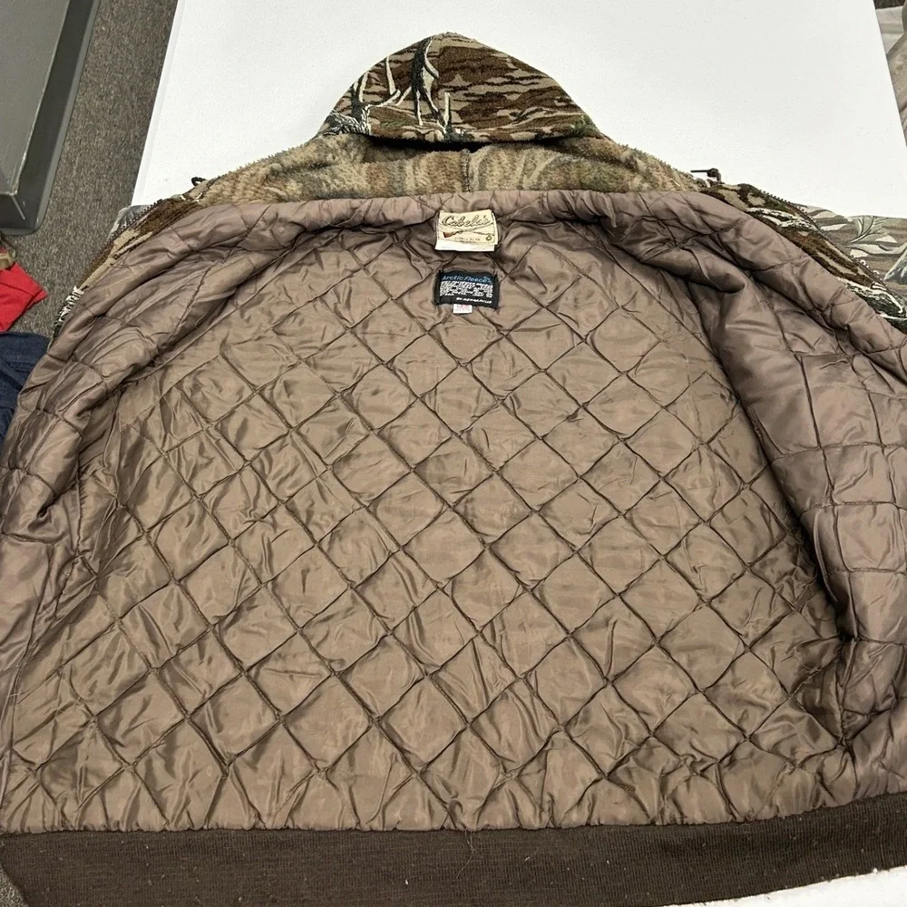 Cabela's Hooded Bomber Jacket Mens L Brown Camo Tree Bark Arctic Fleece USA Made